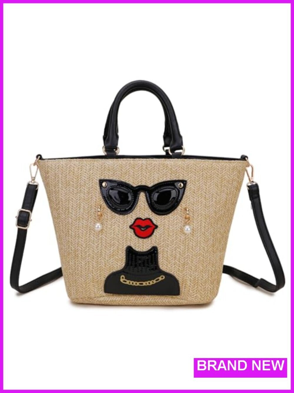 Funky Lady Face Straw Tote Bag Top Handle Satchel Shoulder Bag Purse